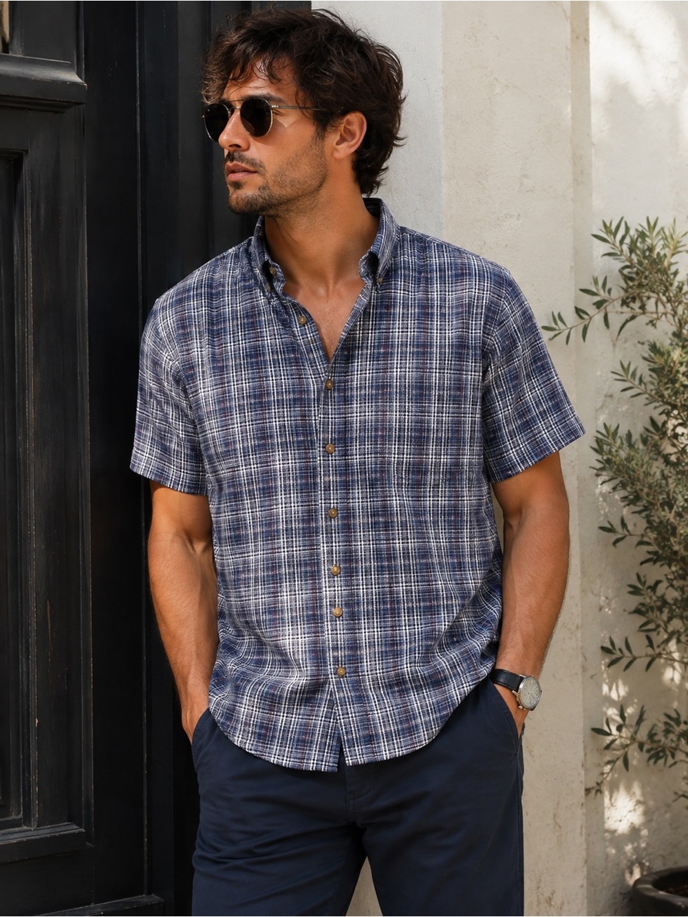 JJ. Farmer vintage Navy and White Plaid Short-Sleeve Button-Down Shirt